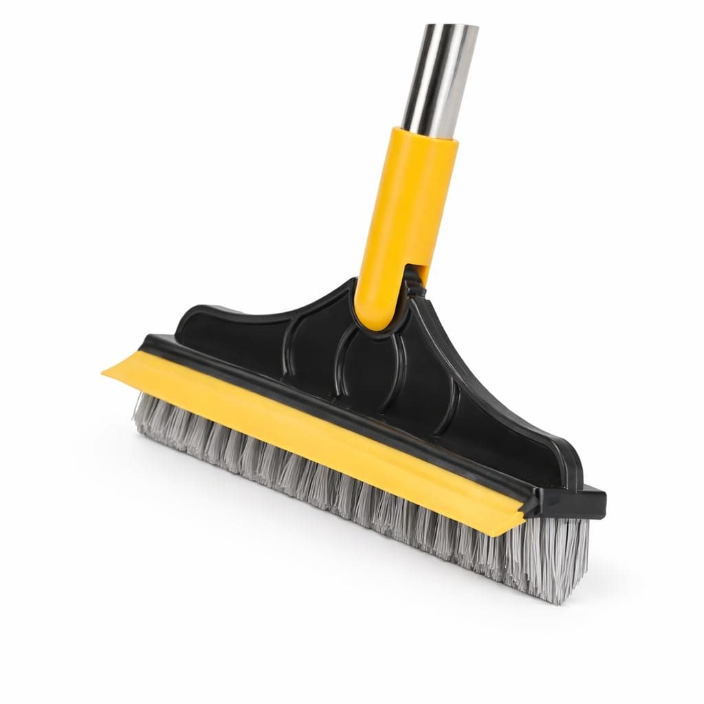 3 in 1 Bathroom Cleaning Brush with Wiper for Tiles & Wet Floors, Long Handle Scrub Brush with Stiff Bristles and Rubber Wiper for Water Removal, Multipurpose Floor Cleaner Tool